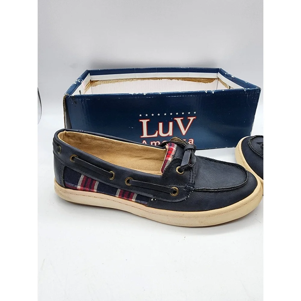 LuV America Laguna Navy Blue Plaid Boat Shoes CW19149 Mens 6